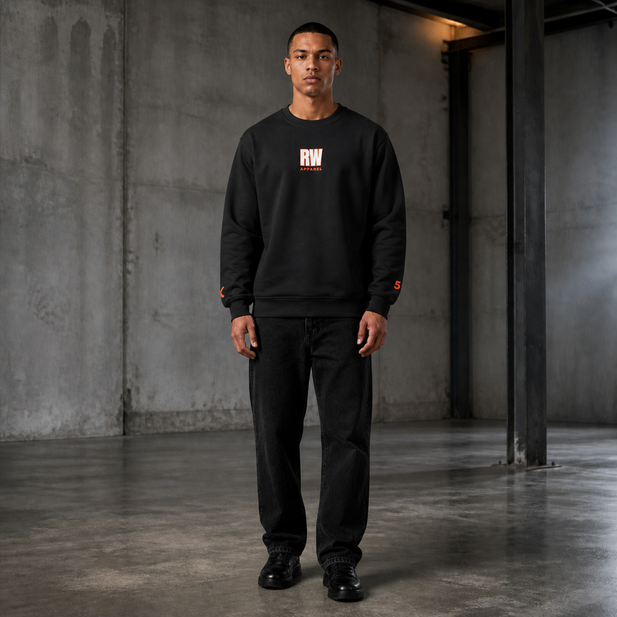 5:01 Embroidered Logo Crewneck — black front model