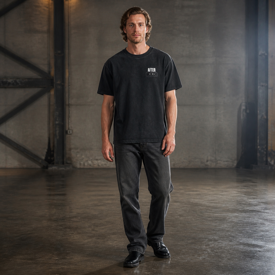 AFTRHRS Nightshift Waffle Tee — Black front model